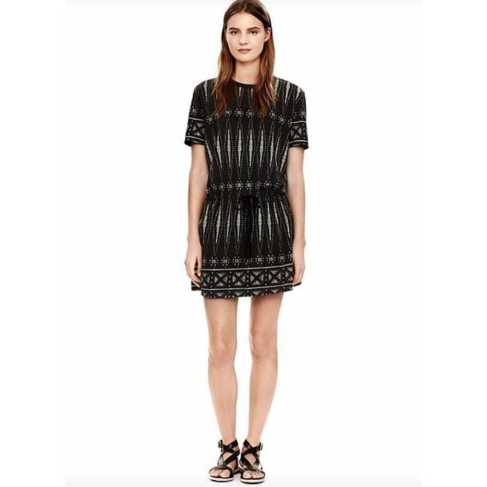 Tory Burch Drawstring T-Shirt Dress M Pima Cotton Knit Bologan Geometric Black
